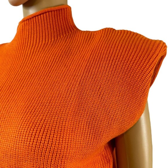 Women Sweater Shoulder Pad Knit Vest Medium Orange High Neck Cotton Top Knit - Picture 7 of 16